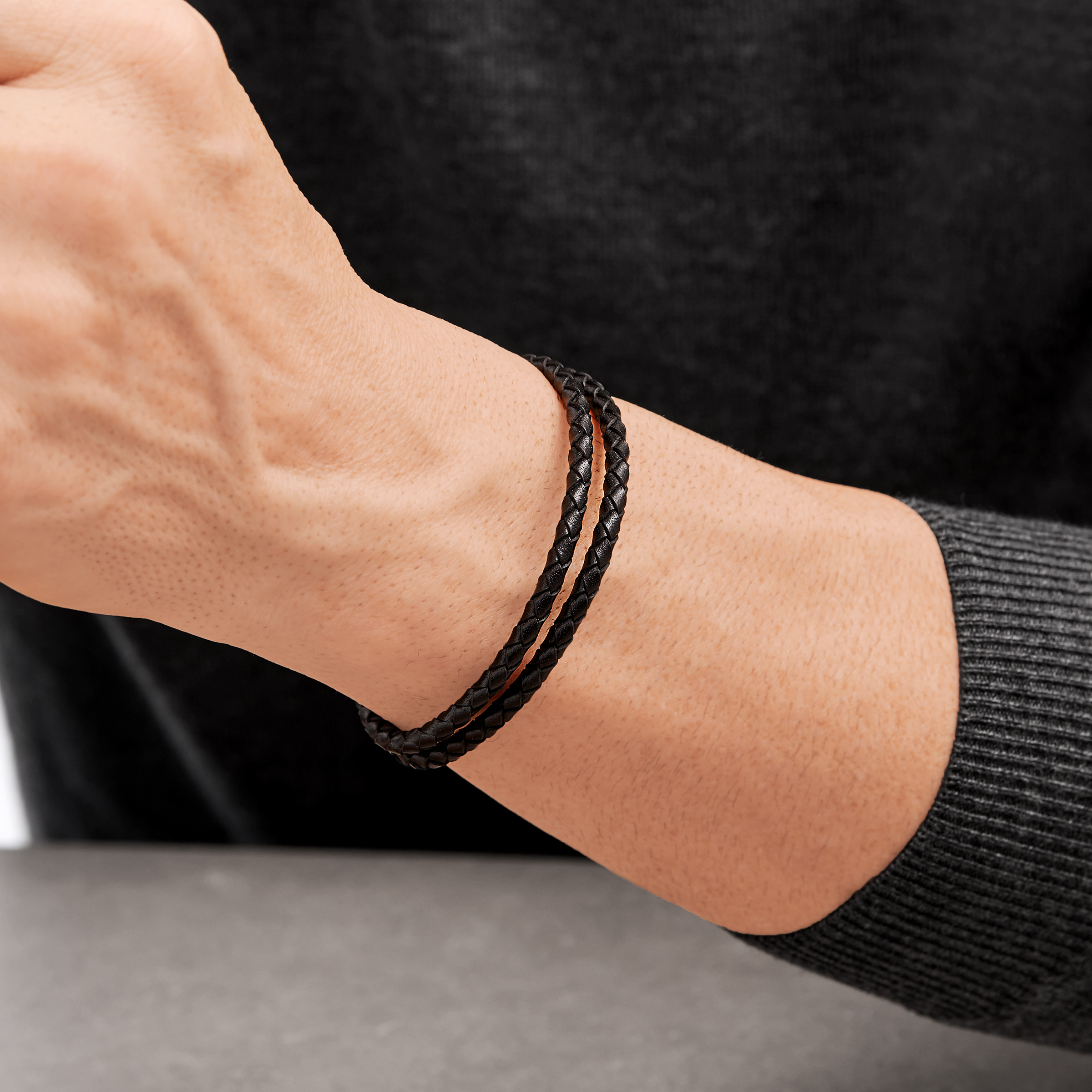 BOSS Gents BOSS Seal Black Leather & Stainless Steel Braided Bracelet